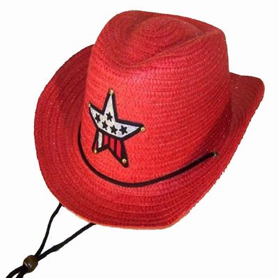 2 PC Red Color Kids Straw Western Cowboy/Cowgirl Hat with Americian Flag Star Emblem Patch -Childrens Size