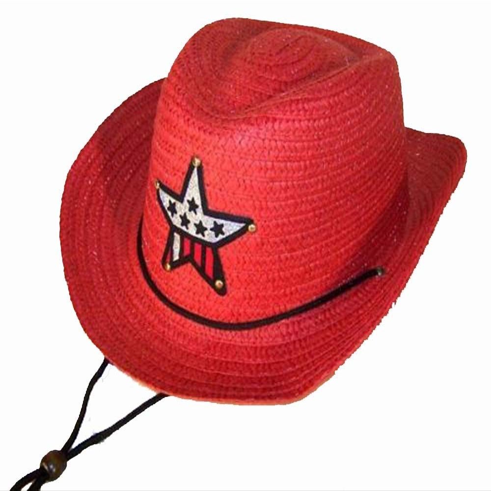 2 PC Red Color Kids Straw Western Cowboy/Cowgirl Hat with Americian Flag Star Emblem Patch -Childrens Size