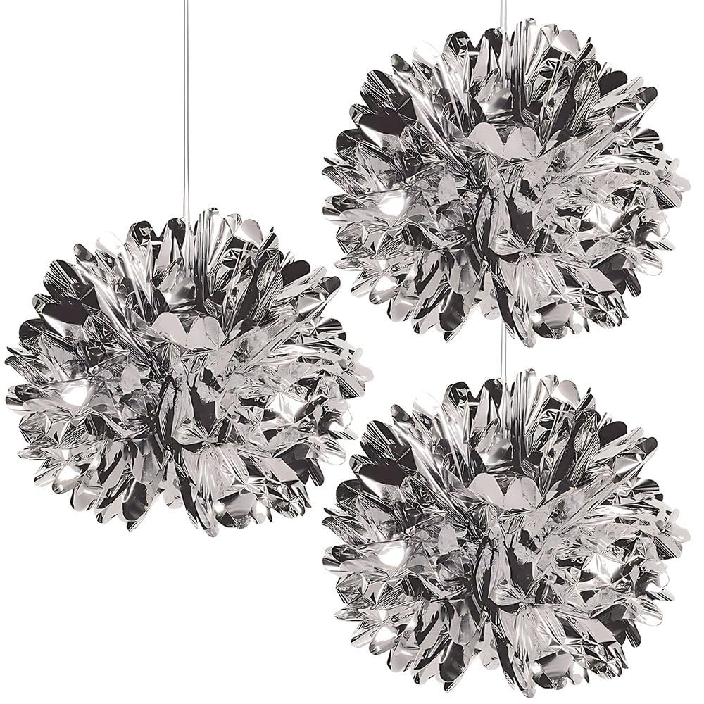 Fun Express - Metallic Silver Fluff Balls 16" for Wedding - Party Decor - Hanging Decor - Lanterns - Wedding - 3 Pieces