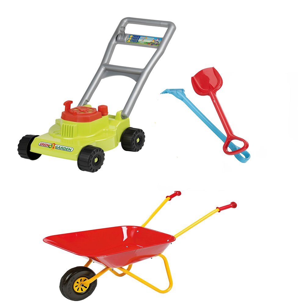 Children's Garden Tool Set Rolly Wheelbarrow Lawn Mower Shovel Rake