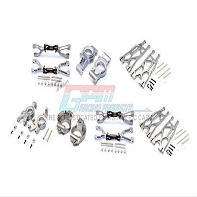 GPM For Traxxas X Maxx 4X4 Upgrade Parts Aluminum Front & Rear Upper + Lower Arms + Front C Hubs + Front Kncukle Arms Set - 92Pc Set Gray Silver