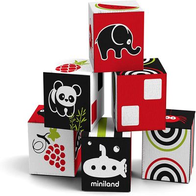 Miniland First Senses 6 Cubes, Soft Baby Building Cloth Fabric Blocks , Infants 9 Months to 18 Months, Toddlers Stack, Build, Sort, Safe Travel Toy, Patterns and Pictures, Carry Case Included