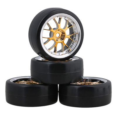 logyues 4PCS Plastic RC1:10 On-Road Racing Car Drift Smooth Tire & Y-Shaped Plated Yellow Wheels