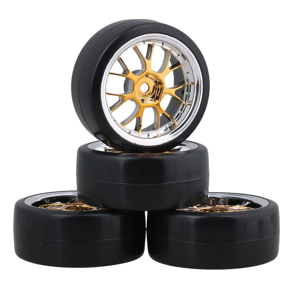logyues 4PCS Plastic RC1:10 On-Road Racing Car Drift Smooth Tire & Y-Shaped Plated Yellow Wheels