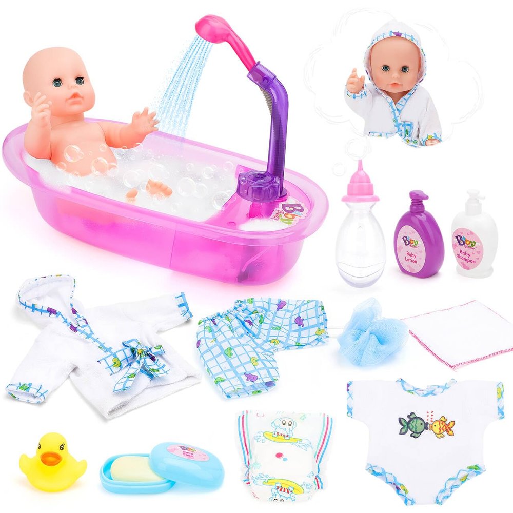 deAO Baby Doll Set,13 Inch Bath Time Baby Doll Playset with Working Shower Spray and Accessories for Kids,Baby Doll and Accessories with Bath Set, Great Pretend Play Toys for Girls