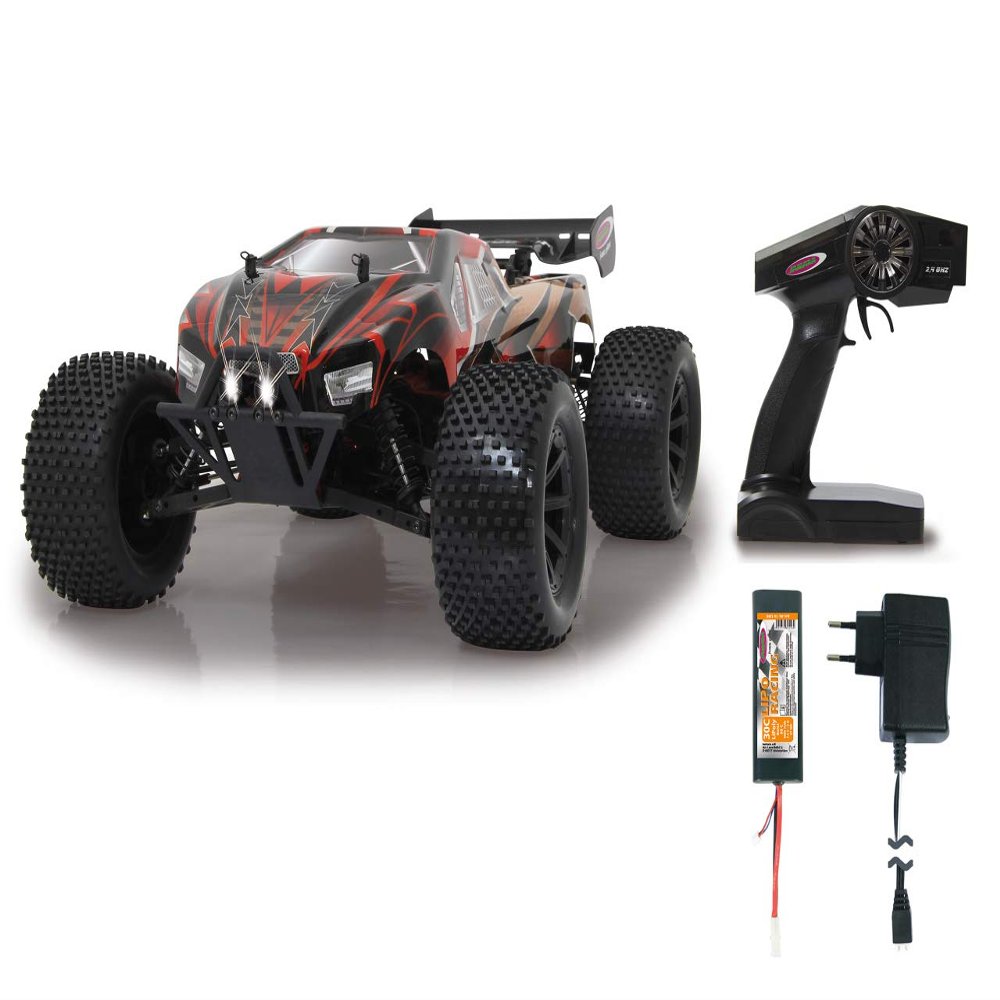 Jamara 59740 059740-Brecter Truggy BL 4WD 1:10 LiPo 2,4GHz RTR, Brushless Motor, Wheelybar, LED, Electronic splashproof, Adjustable Oil-Pressure Shock Absorber, Dirtproof Transmission Unit, Black