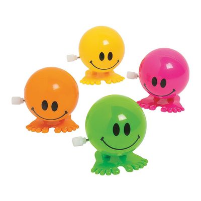 Fun Express Smile Face Hoppers  Wind-Up Character Toys with Jumping Action  Fun Paratrooper Hoppers for Kids  Set of Colorful Toys  Perfect for Party Favors Prizes & Playtime  12 Pieces