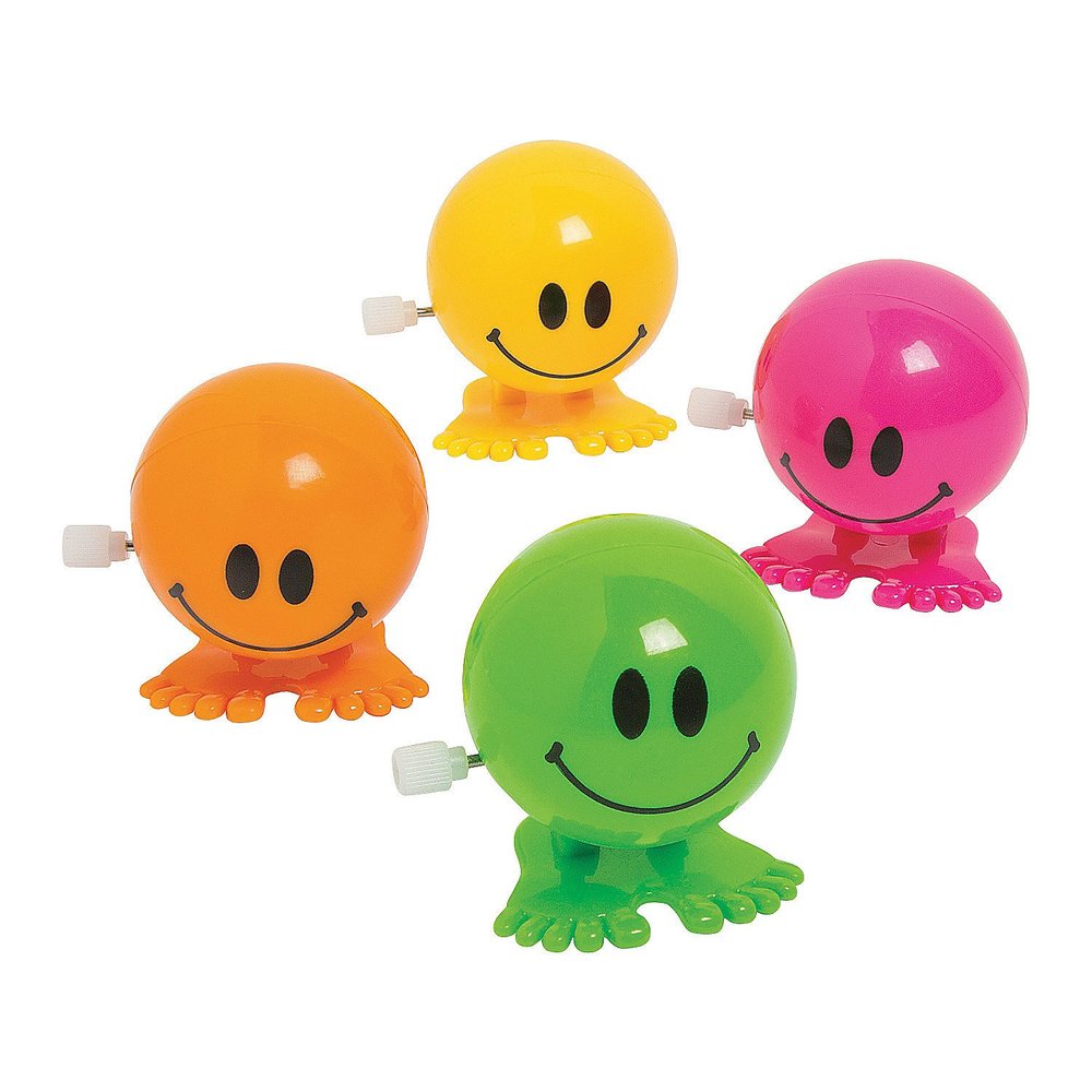 Fun Express Smile Face Hoppers  Wind-Up Character Toys with Jumping Action  Fun Paratrooper Hoppers for Kids  Set of Colorful Toys  Perfect for Party Favors Prizes & Playtime  12 Pieces