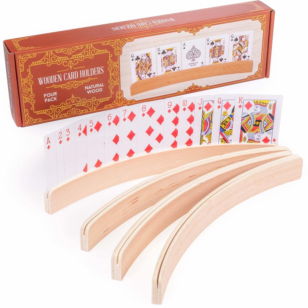 4-pack Premium Wooden Card Holders | Holds Up to 20 Cards Hands-free | Curved Wood Playing Card Organizer for Adults, Kids, & Seniors | Board Game & Card Game Accessories for Little Hands & Arthritis