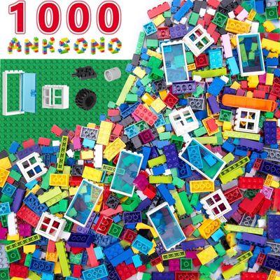 Anksono 1000 Pieces Building Bricks, Classic Building Bulk Blocks for Kids with 12pcs Wheels Accessories, Windows, Doors, 2 Packs Studs Sticky Plate, Compatible with All Major Brands, Gfits for Kids