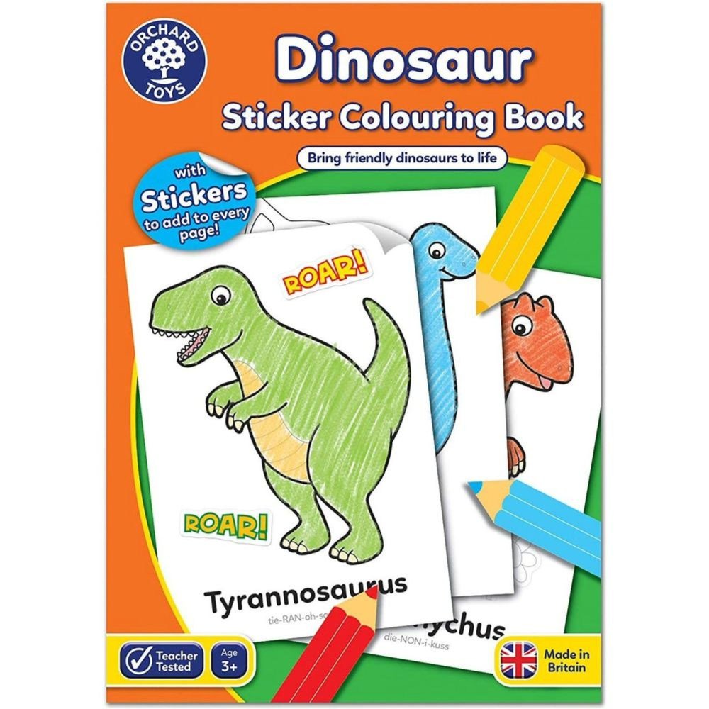 Orchard Toys Dinosaur Sticker Colouring Activity Book - Educational Activity Book - Colour in Dinosaurs - Kids 3 Years +, Perfect for Parties.