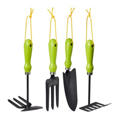 Relaxdays 4-Piece Tool Set, Trowel, Hand Rake, Double-Sided Weeder, Fork, Gardening Kit, Iron, Green