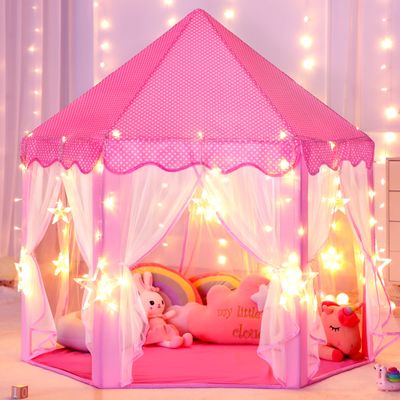 Princess Castle Tent for Girls Fairy Play Tents for Kids Hexagon Playhouse with Big Fairy Star Lights Toys for Children or Toddlers Indoor or Outdoor Games (Pink Princess Tent with Big Star Lights)