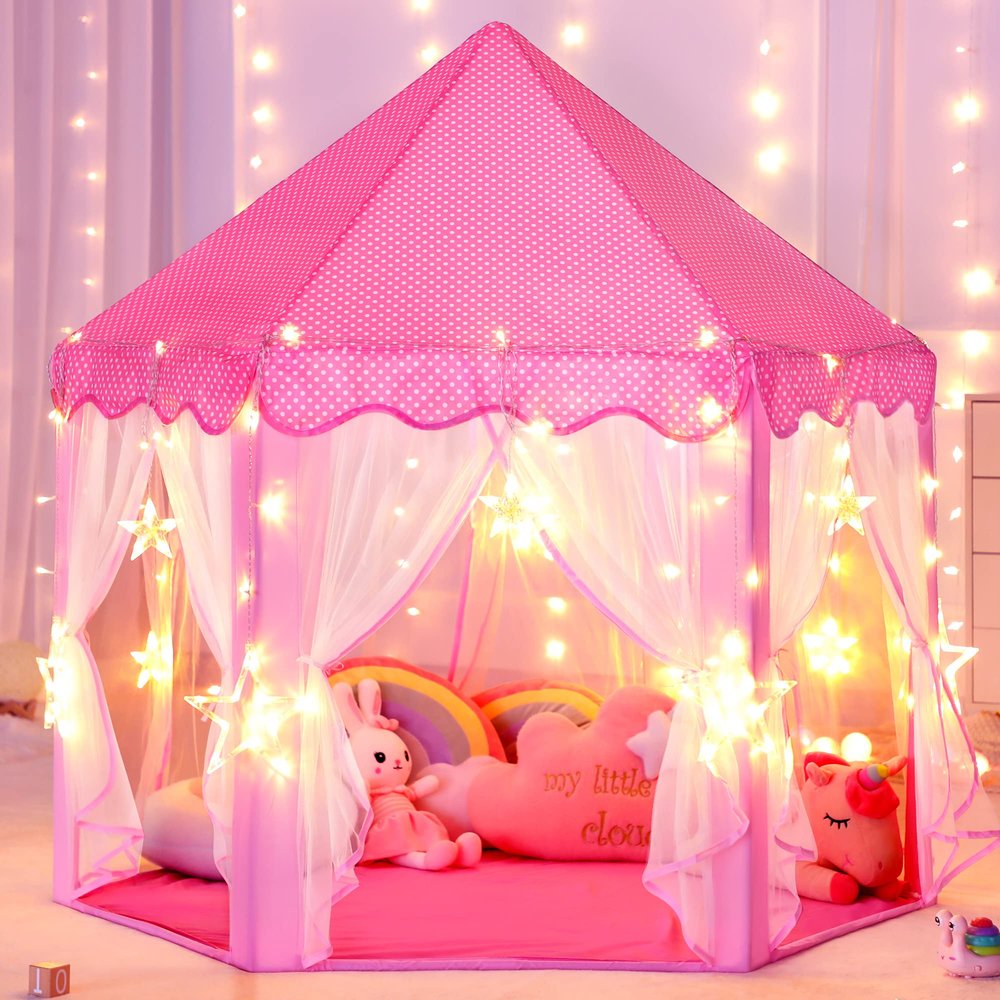 Princess Castle Tent for Girls Fairy Play Tents for Kids Hexagon Playhouse with Big Fairy Star Lights Toys for Children or Toddlers Indoor or Outdoor Games (Pink Princess Tent with Big Star Lights)