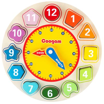 Coogam Wooden Shape Color Sorting Clock  Teaching Time Number Puzzle Stacking Sorter Jigsaw Montessori Early Learning Educational Toy Gift for Year Old Kids