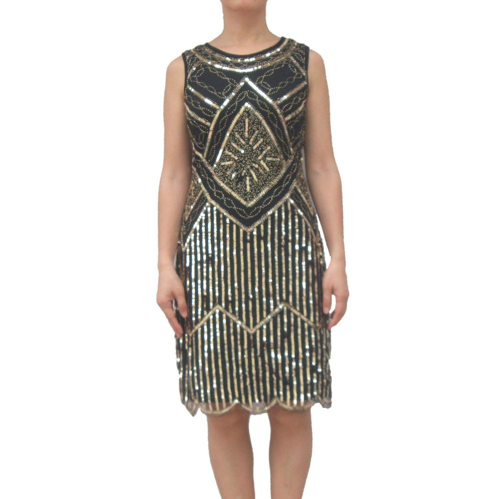 1920s Flapper Girl Look Themed Style Gown Costume Vintage Clothing Ladies Attire Light Gold