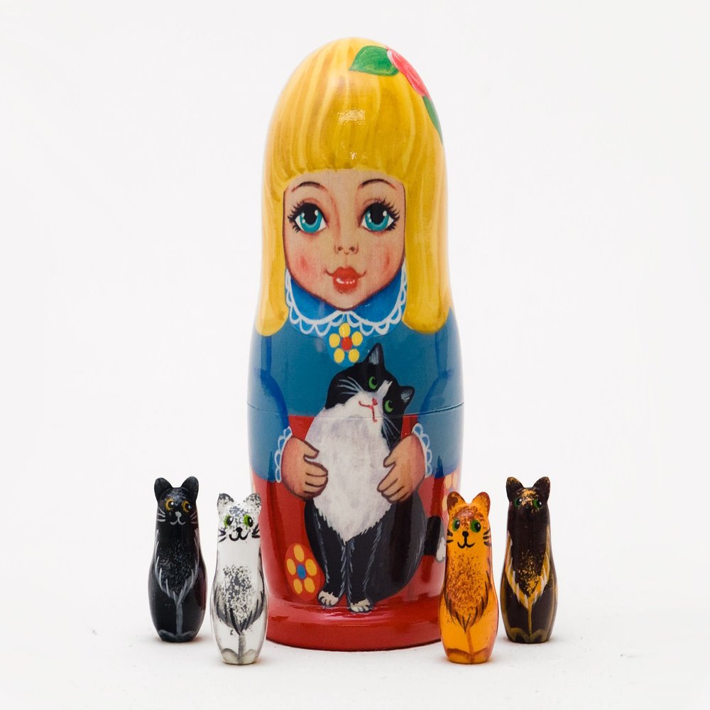 Authentic Russian Summer Whisker Surprise Cat Nesting Doll