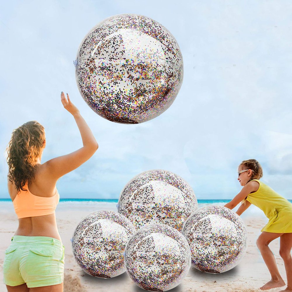 5 Pcs Inflatable Beach Balls, 16 Inch & 24 Inch Large Confetti Glitter Beach Balls, Sequins Clear Blow up Pool Balls Toys for Holiday Party Decorations 2026 New Year Birthday Summer Swimming Pool
