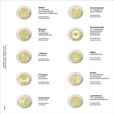 Lindner 1118-25 Vordruckblatt fr 2 Euro-Gedenkmnzen: Italien 2018 bis Luxemburg 2018