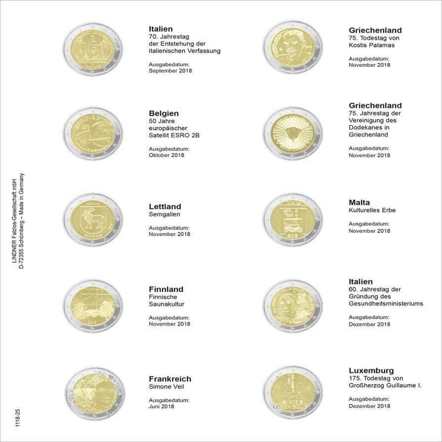 Lindner 1118-25 Vordruckblatt fr 2 Euro-Gedenkmnzen: Italien 2018 bis Luxemburg 2018