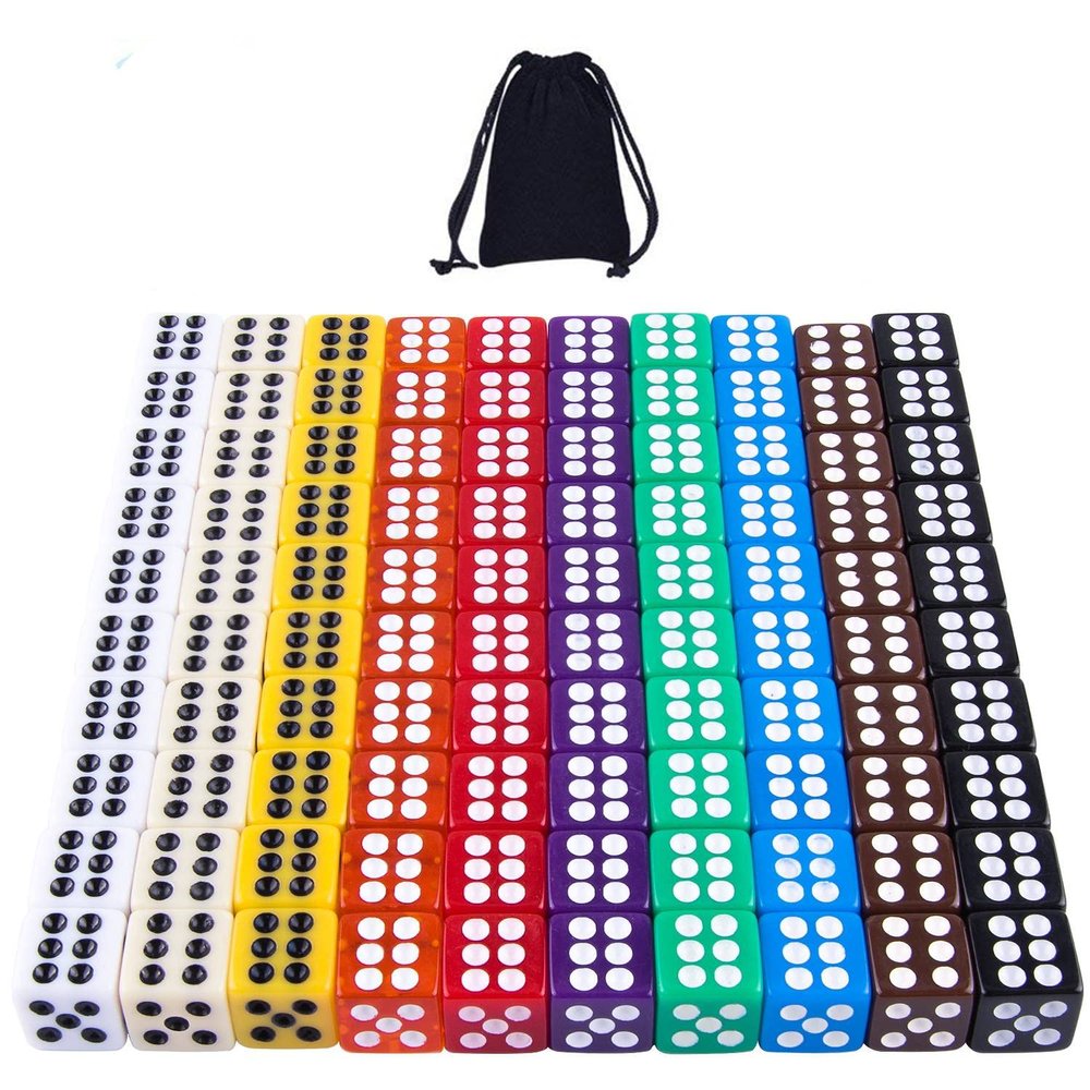 AUSTOR 100 Pieces 12mm Dices 6 Sided Game Dice Set Square Corner Dice with a Drawstring Pouch