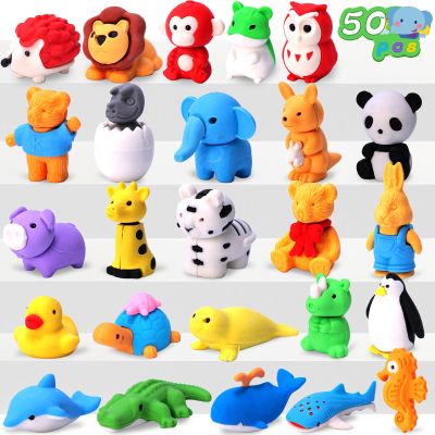 3 otters 50 Pack Animal Erasers, Desk Pets Animal Pencil Erasers Bulk Mini Fun Cute Eraser Toys Gifts for Gag Gift Party Favors Easter Egg Fillers