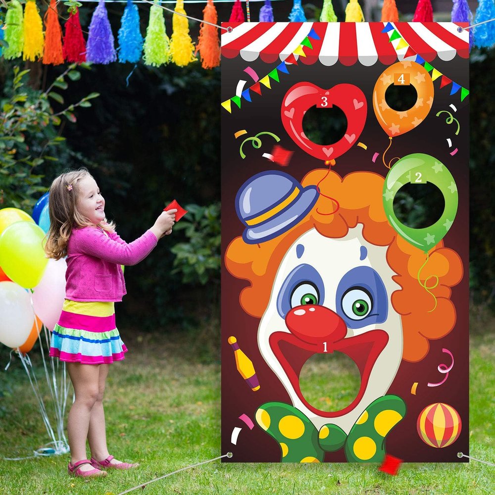 Blulu Carnival Toss Games Banner with 3 Bean Bags Halloween Carnival Game for Kids and Adults Circus Theme Party Decorations for Birthday Family Fun Throwing Indoor Outdoor(Clown)