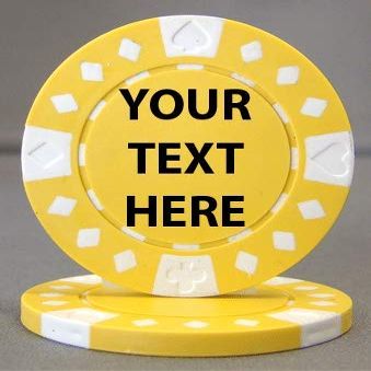 ELITE OUTDOORS 25 Poker Chips - 9 Colors Available! - Each Side is Printed with The Text of Your Choice! (Yellow (White Accents))