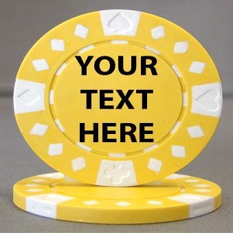 ELITE OUTDOORS 25 Poker Chips - 9 Colors Available! - Each Side is Printed with The Text of Your Choice! (Yellow (White Accents))