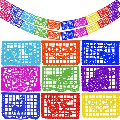 Coco-Inspired Party Banners, Mexican Papel Picado Fiesta Decorations for Da de los Muertos & Birthdays, Handmade by TexMex Fun Stuff (Plastic, 2 x 15 ft, 30 ft total)