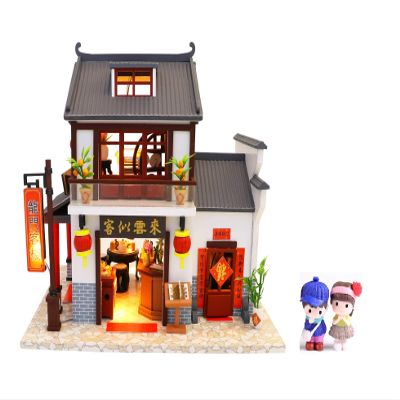 Cool Beans Boutique Miniature DIY Dollhouse Kit Wooden Ancient Chinese Restaurant Dragon Gate Inn - with Dust Cover - Architecture Model kit (English Manual) (Asian DimSum Restaurant with Dolls)