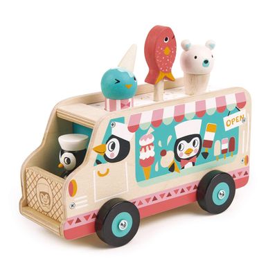 Tender Leaf Toys - Penguins Gelato Van - Food Truck Style Pretend Play, Ice Cream and Ice Lolly Wooden Vehicle - Encourage Role Play and Develops Social Skills for Children - Age 18m+