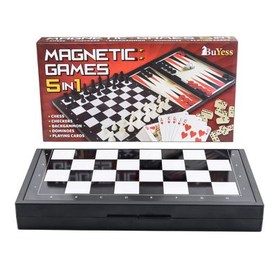 5 in 1 Magnetic Chess Checkers Dominoes Backgammon and Cards Set, Mini Travel Size Multi Board Games