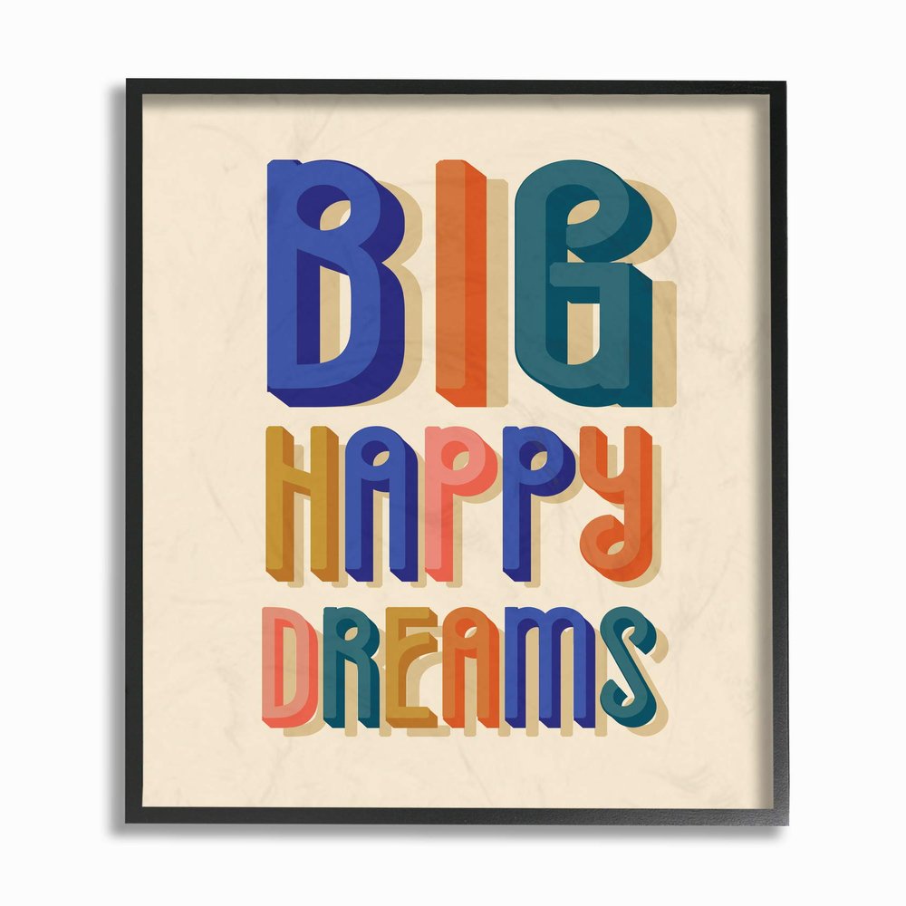 The Kids Room by Stupell Big Happy Dreams Bright Blue Teal Orange Pink and Yellow Block Lettered Typography Framed Giclee Texturized Art, Multi-Color