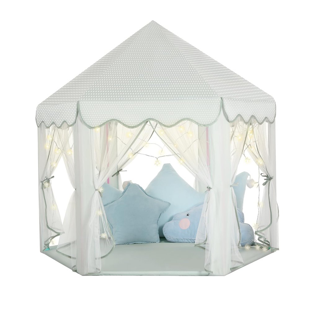 Princess Castle Tent for Girls Fairy Play Tents for Kids Blue Hexagon Playhouse with Fairy Star Lights Toys for Children or Toddlers Indoor or Outdoor Games (Green Princess Tent)