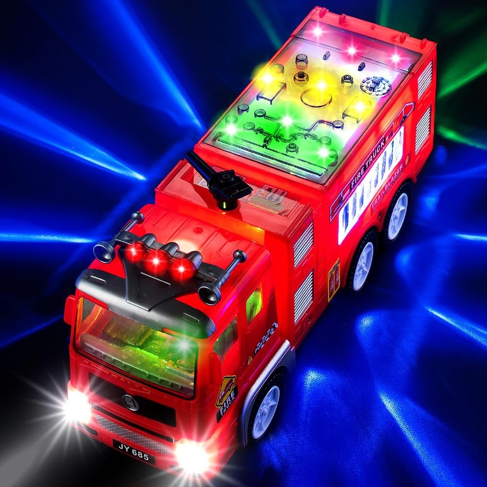 Zetz Brands Fire Truck Toy for Boys, Girls, Kids, w/ 4D LED Lights, Toddlers - Age 3+ Fire Engine Push Toy Car for Little Fireman Real Firetruck Siren Sound, Bump & Go Ideal Birthday