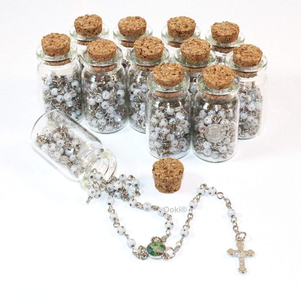 12 pcs Angel Guardian Rosary In Glass Jar Bottle Beads White Beaded Rosary Silver CATHOLIC Crucifix Necklace Virgin Mary lot of 12