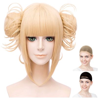 CaseEden My Hero Academia Cosplay Wig, Toga Himiko Wataga Bun, With Bance, Short, Gold, Blonde, Gold, White Merce Wig Net, Set of 2