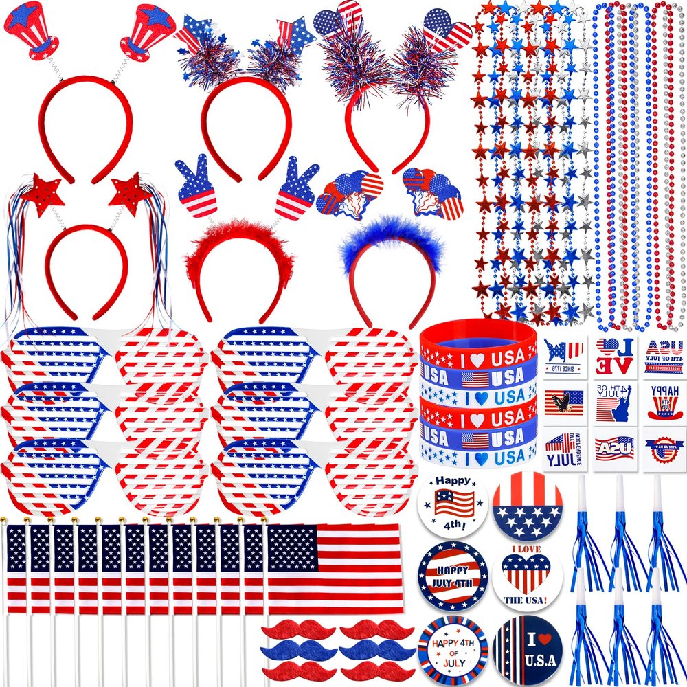 Lansian 4th of July Accessories Bulk Party Supplies, 146Pcs Patriotic Party Favors Set for Independence Day Decorations Memorial Day Celebrations USA Flags Party Parades Classroom Rewards for Kids