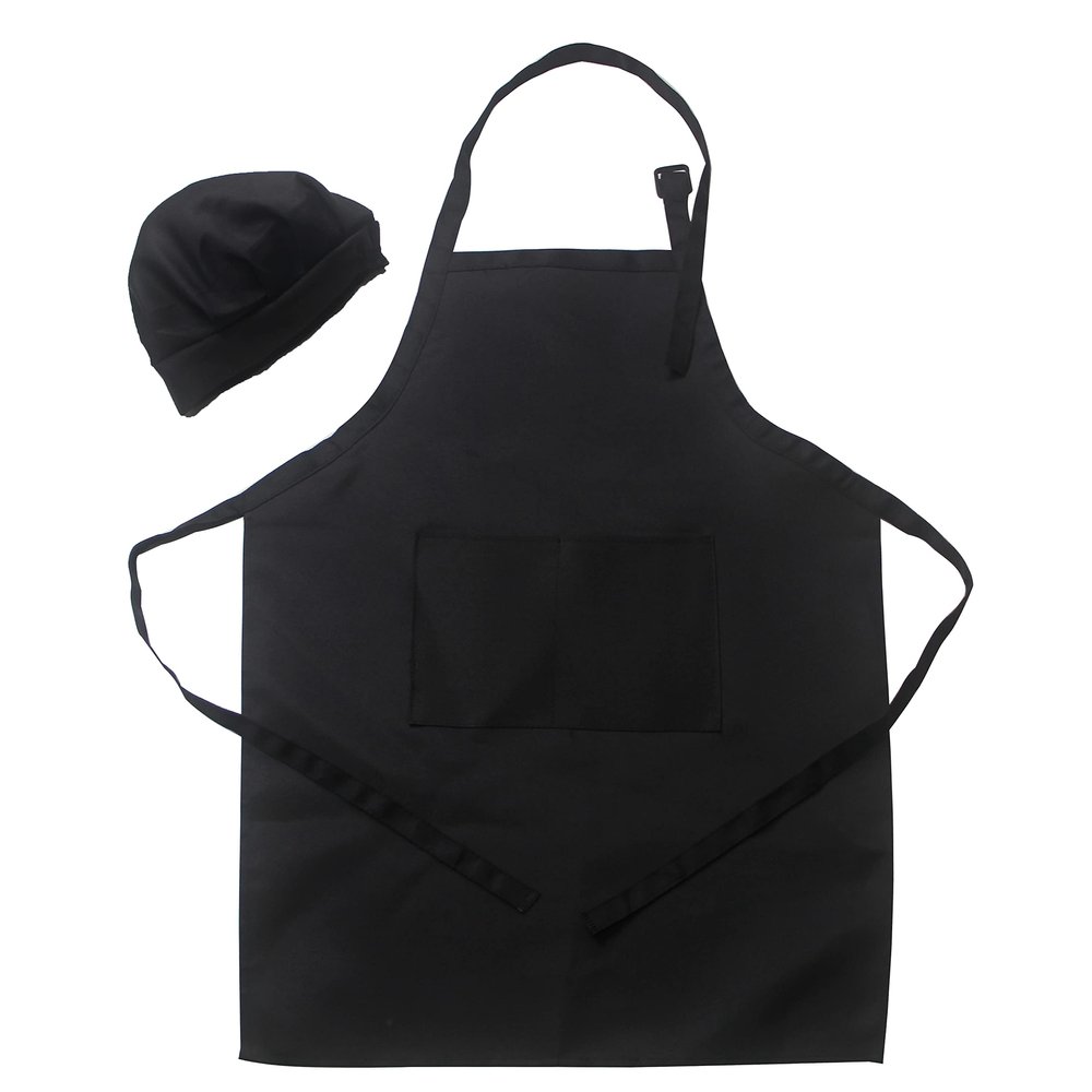 LOYHUANG 2 Pieces Kids Black Apron Chef Hat Set, Kids Chef Kitchen Adjustable Bib Aprons with 2 Pockets for Girls Boys Painting Cooking Baking Wear(Black,2pieces-1set)