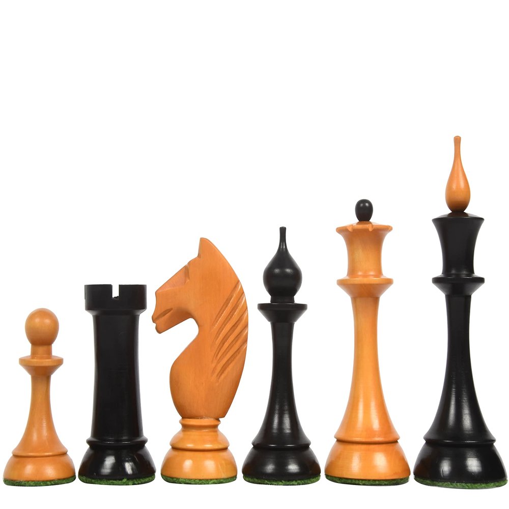 1950s Soviet Latvian Reproduced Staunton Chess Pieces  4.1" King, Handcrafted in Ebonized & Antiqued Boxwood  Vintage Tournament Wooden Chess Set