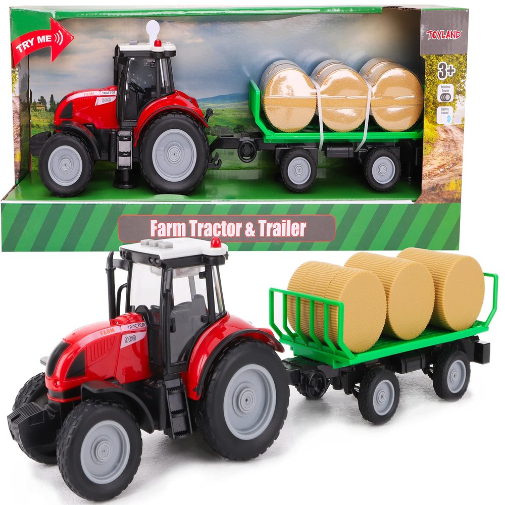 Toyland Tractor and Trailer 37cm Red with Lights and Sound - Farm Toys for Children (Tractor and Ball Trailer)