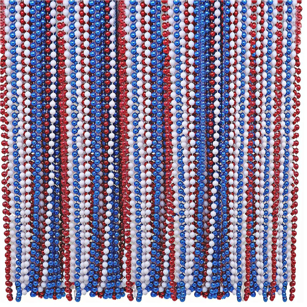 4E's Novelty Patriotic Beads Necklace (72 Pack) Bulk Red White Blue Beads 33 Inch Long 7mm Thick, Great for 4th of July Party Favors, Parade Throws, Dress Up July 4 Accessories Supplies