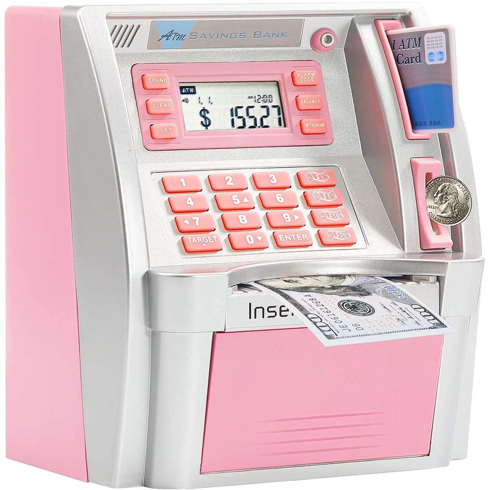GoodsFederation ATM Piggy Bank for Real Money for Kids Adults,Toy Money Bank with Card,Password,Coin Recognition,Bill Feeder,Balance Calculator,Electronic Money Safe Coin Box,Hot Gift for Boys Girls