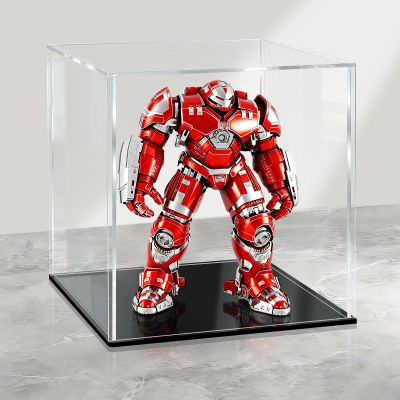 LANSCOERY Acrylic Display Case, 8x8x8 in Clear Display Box with 2mm Panels, Black Base, LED String Light Accessory for Action Figures and Building Block Models