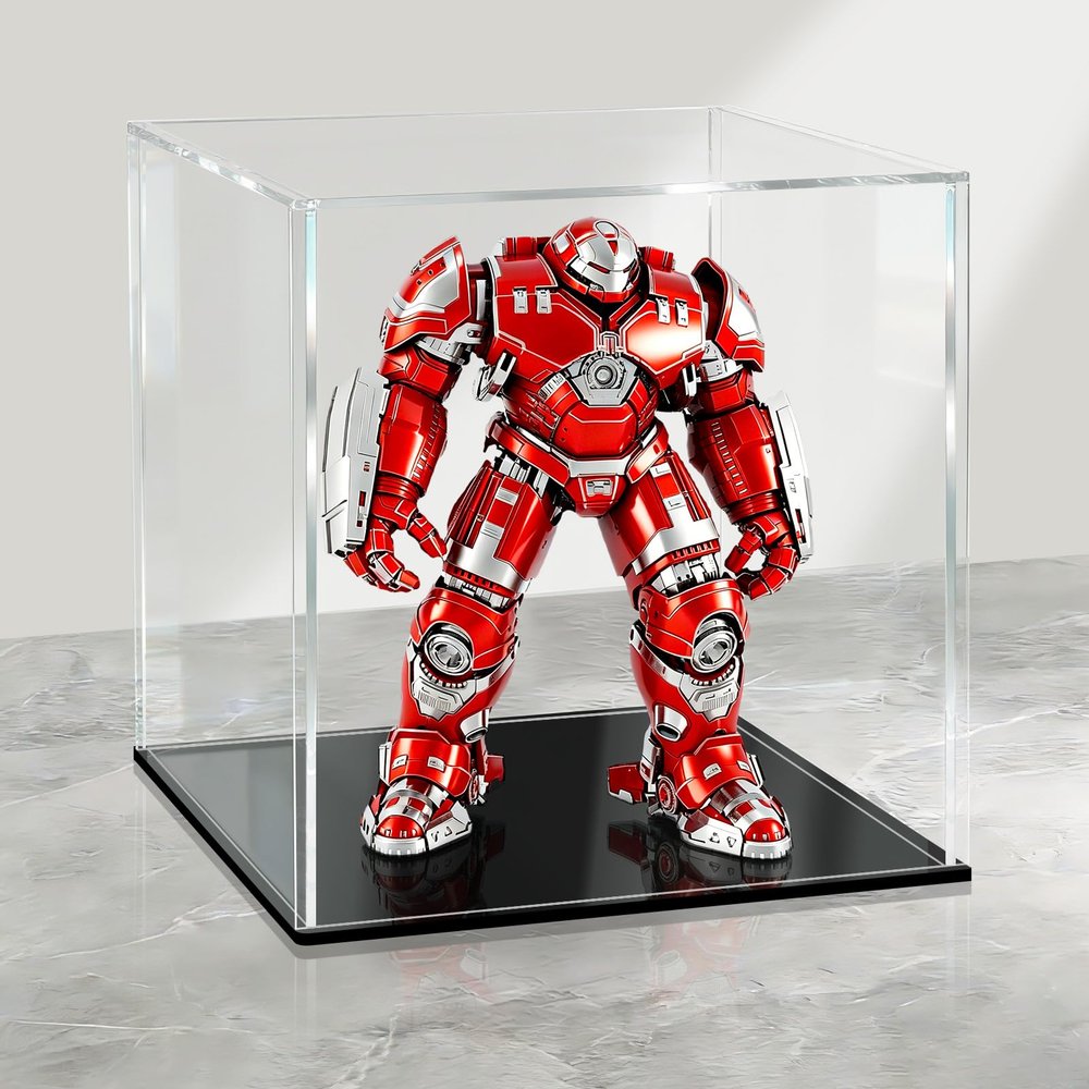 LANSCOERY Acrylic Display Case, 8x8x8 in Clear Display Box with 2mm Panels, Black Base, LED String Light Accessory for Action Figures and Building Block Models