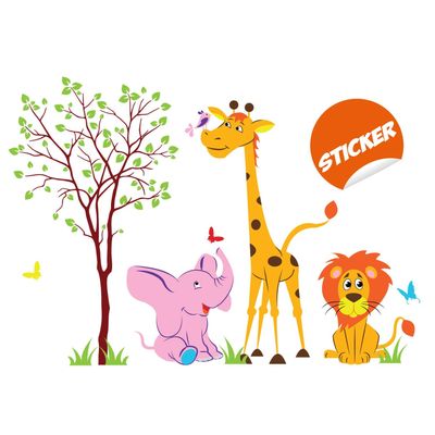 Nursery Animal Wall Decor Vinyl Sticker - Art Jungle Kid Baby Set Cute Decal - African Elephant Giraffe Girl Room Wild Boy Child Mural