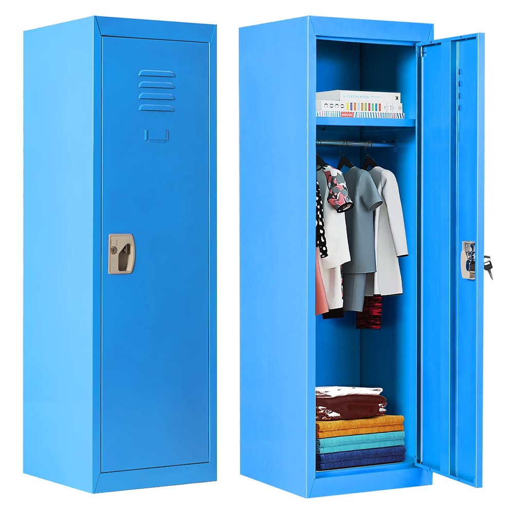 Costzon 48" Kids Locker Cabinet, Daycare Metal Coat Locker w/Hanging Rod & Shelf for Kids Room Bedroom School Classroom, 2-Tier Storage Locker w/ 2 Keys for Toys, Clothes, Sports Gear, Blue