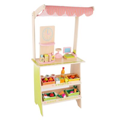 HEY! PLAY! Kids Grocery Store - Fresh Market Selling Stand - Wood Play Set with Toy Register, Pretend Credit Card, and 31 Food Accessories (White)