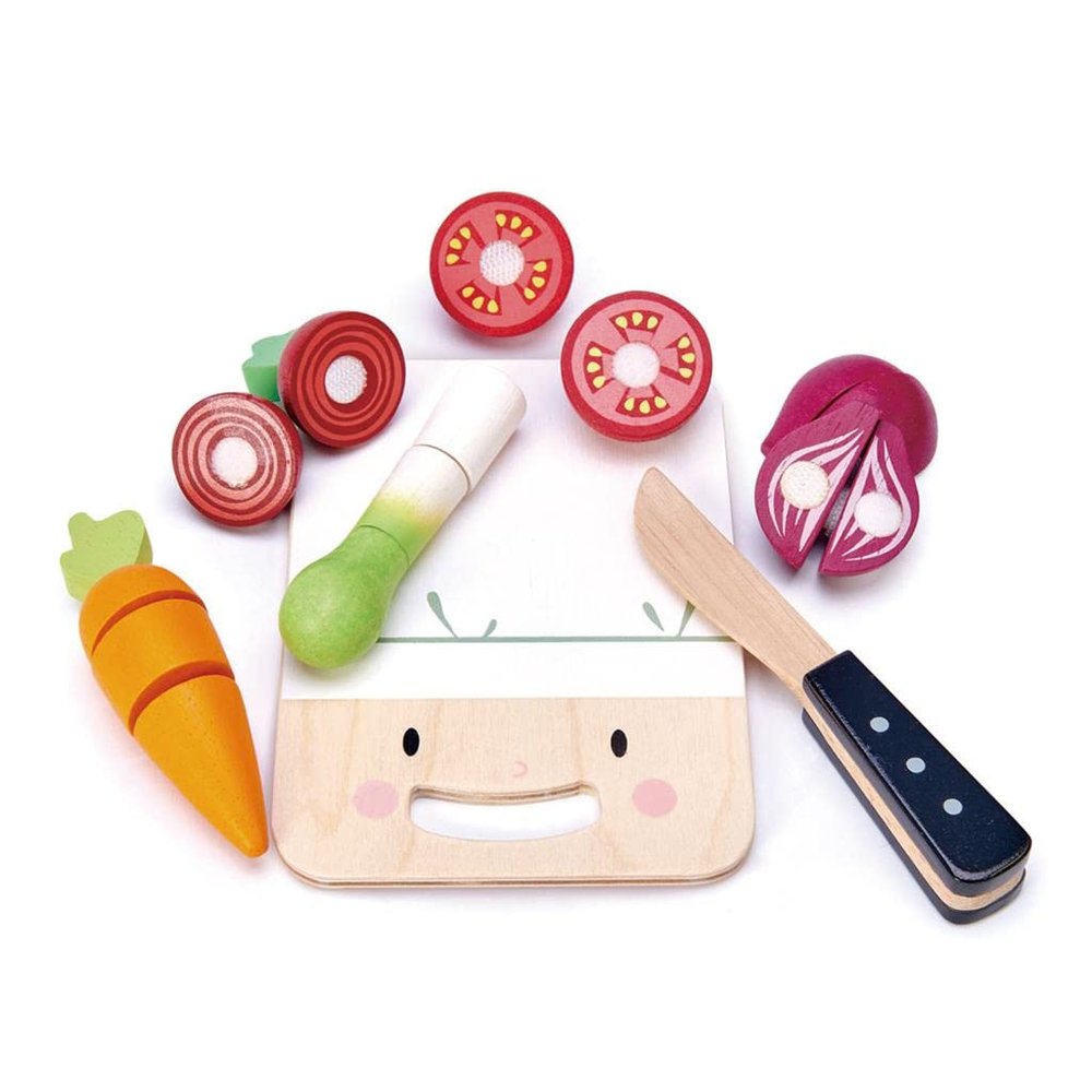 Tender Leaf Toys - Mini Chef Chopping Board - 16 Pcs Wooden Cutting Vegetable Toys with Knife - Accessories for Play Kitchen with Drawstring Bag - Develops Fine Motor Skills for Kids - Age 3+